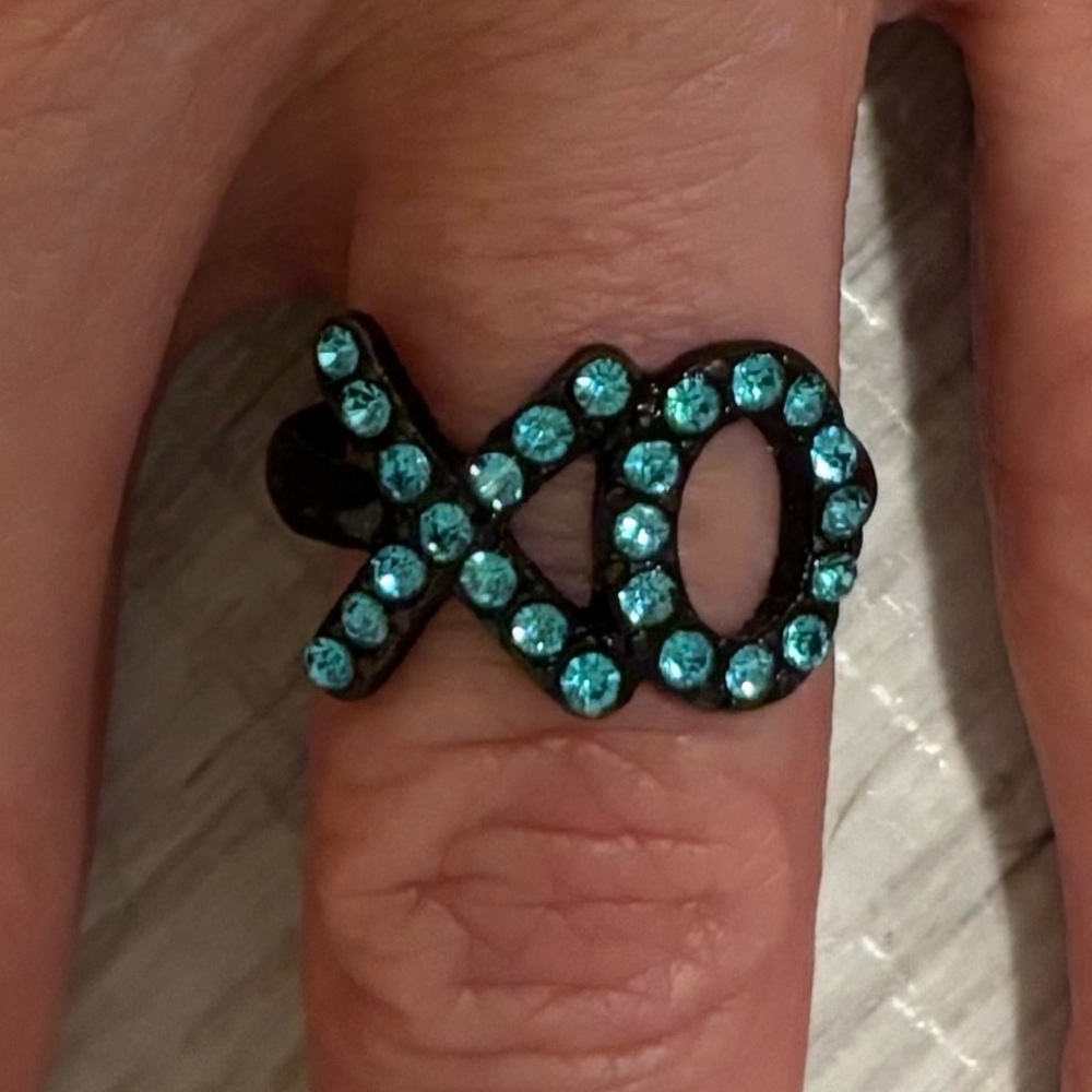 XO Black Stainless Steel Ring with Blue Crystals Size 7